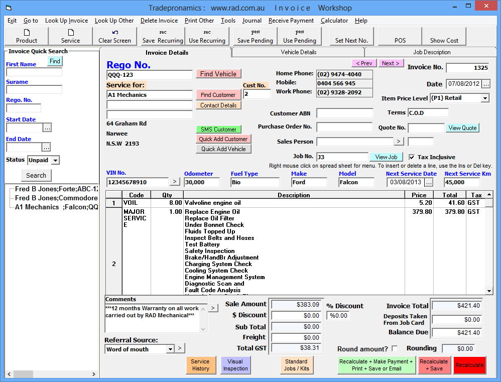 Mechanic Invoice