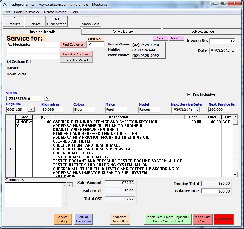 Mechanic Invoice