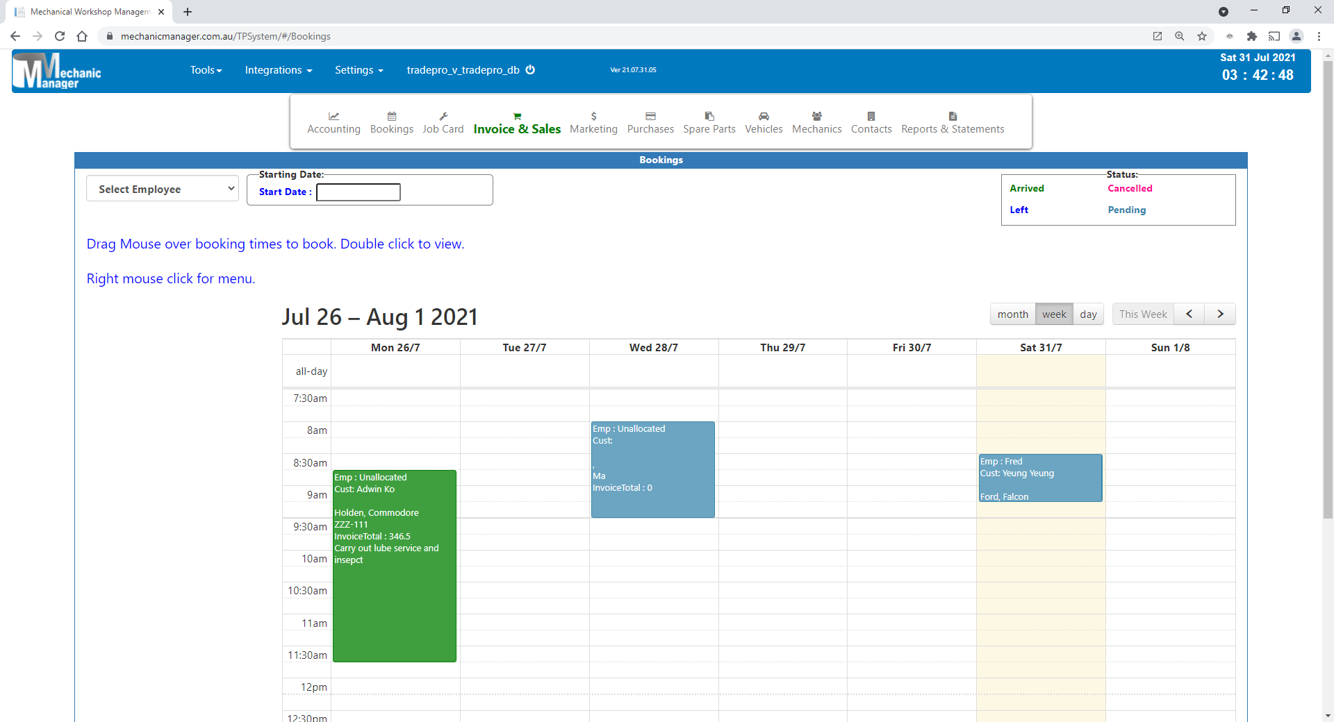 Mechanic Manager booking diary