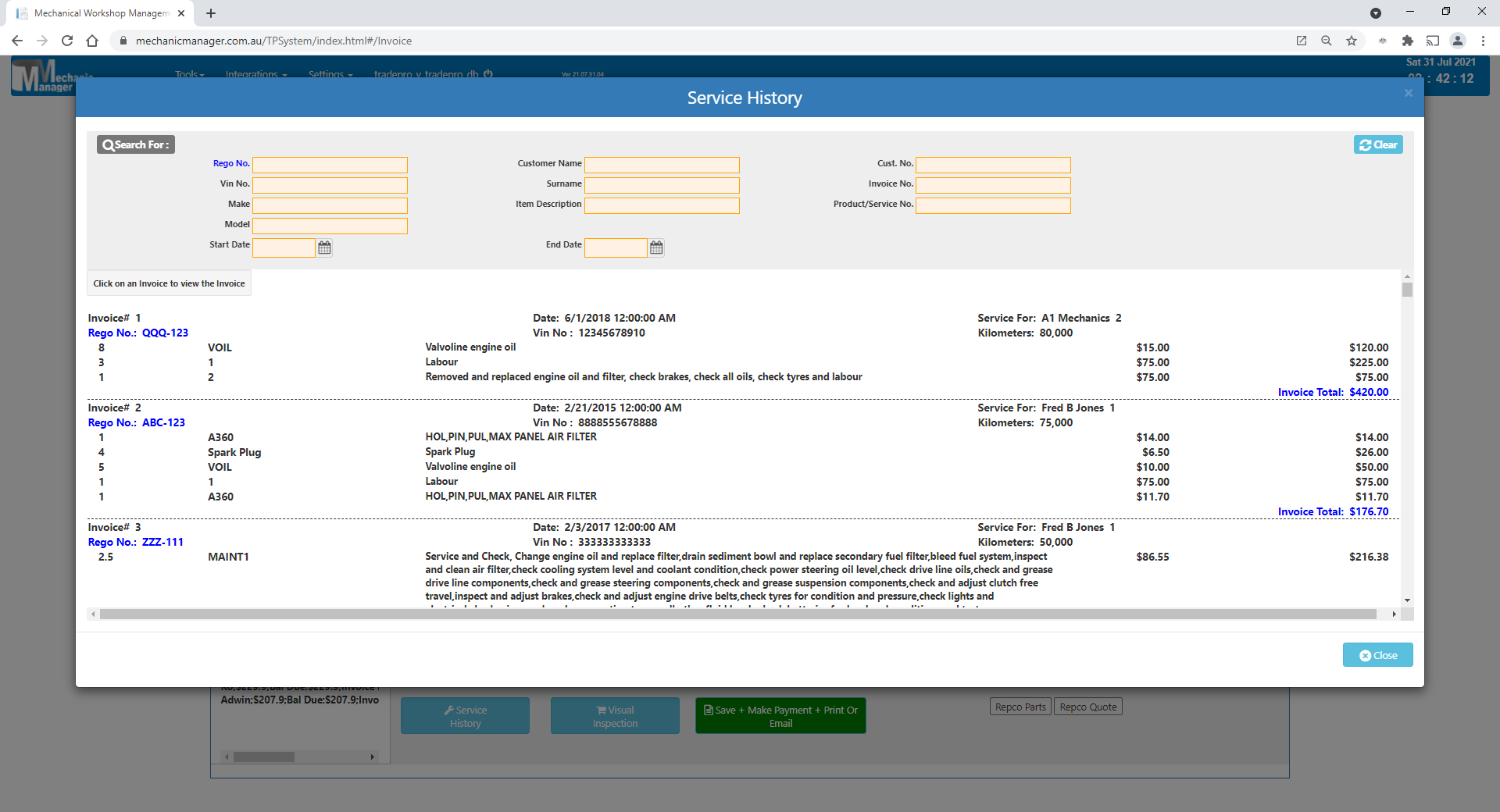 Mechanic Manager service history